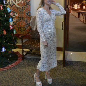 Self- portrait lace beaded white long sleeve midi dress sz 4